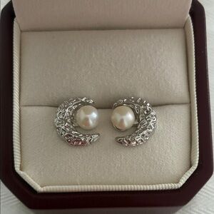Silver Crescent Pearl Earrings | Sterling Silver Posts | Holiday Gift for Her